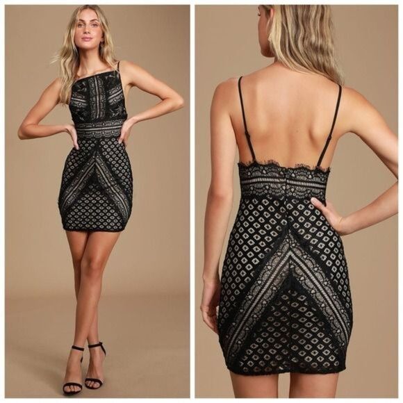 Lulus Wink Wink Black Eyelash Lace Square Neck Bodycon Mini Dress Size XS NEW - Picture 1 of 12